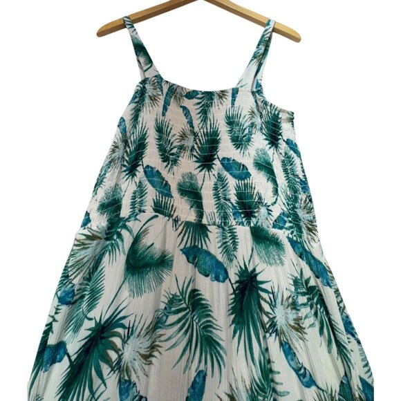 Knox Rose Womens Palm Print Midi Dress L White Green Strappy Smocked Bodice - Picture 14 of 14